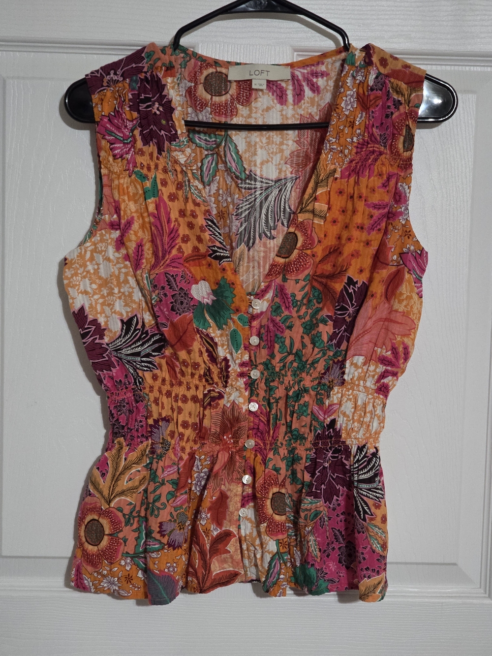 LOFT Sleeveless Floral Button-Front Peplum Top in Orange, Pink and Green